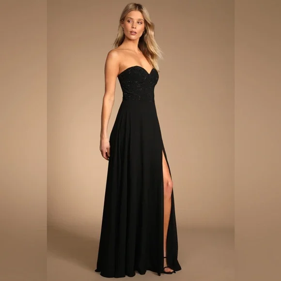 Size L - NWOT Lulus Remember This Moment Black Rhinestone Strapless Maxi Dress